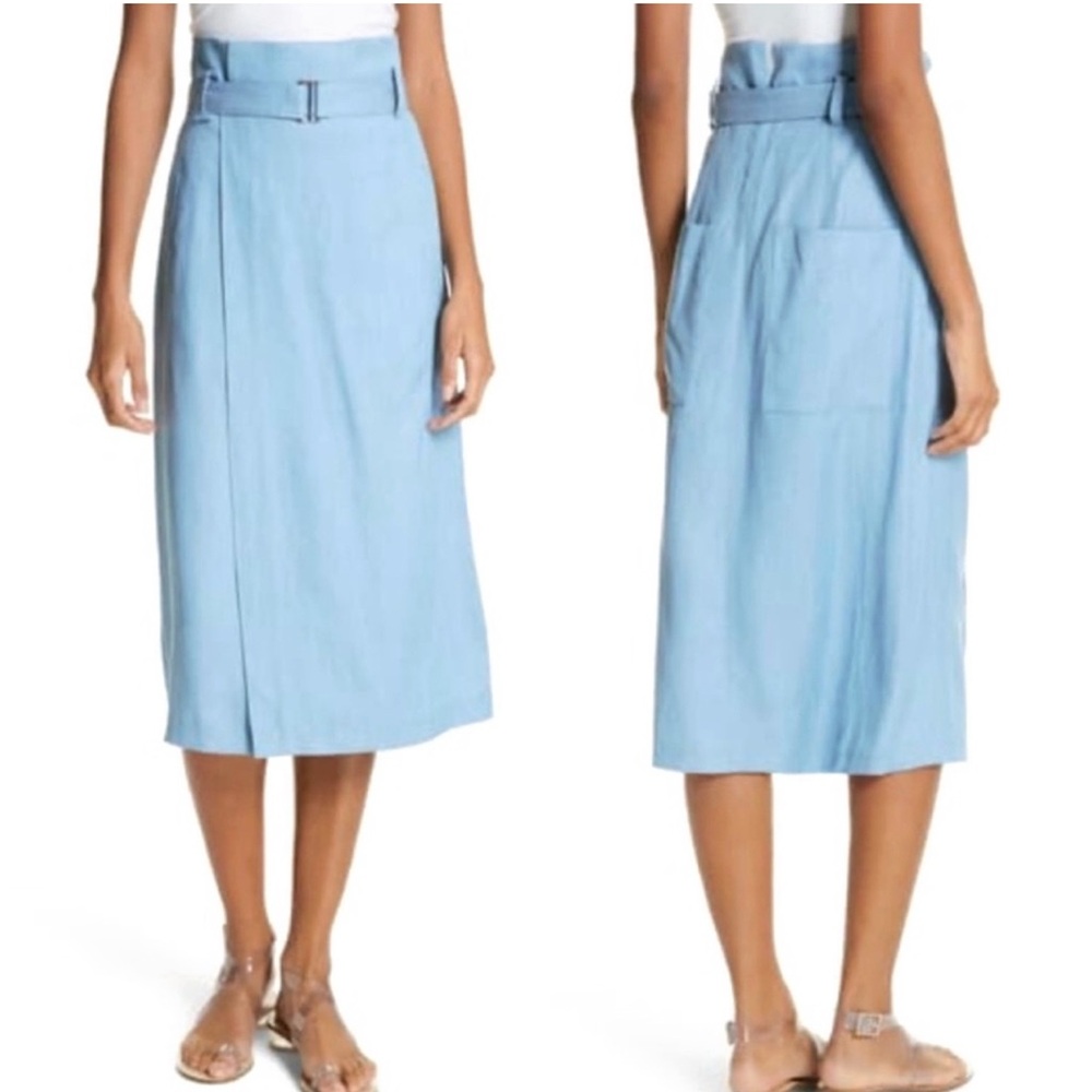Tibi Belted Wrap Midi Skirt in Chambray Blue Lyocell, Pockets Sz 2 NWT